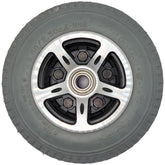 Front view of the 2.80/2.50-4 Merits Foam Filled Caster Wheel for Atlantis and Travel-Ease Commuter Wheelchair showing aluminum silver rim with CST nylon tire